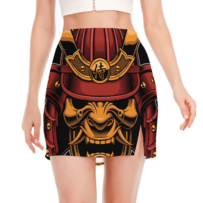 Japanese Samurai Warrior Mask Print Side Slit Mini Skirt