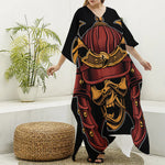 Japanese Samurai Warrior Mask Print Silk V-Neck Kaftan Dress