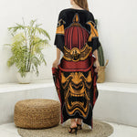Japanese Samurai Warrior Mask Print Silk V-Neck Kaftan Dress