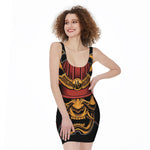 Japanese Samurai Warrior Mask Print Sleeveless Bodycon Dress