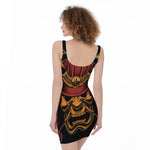 Japanese Samurai Warrior Mask Print Sleeveless Bodycon Dress