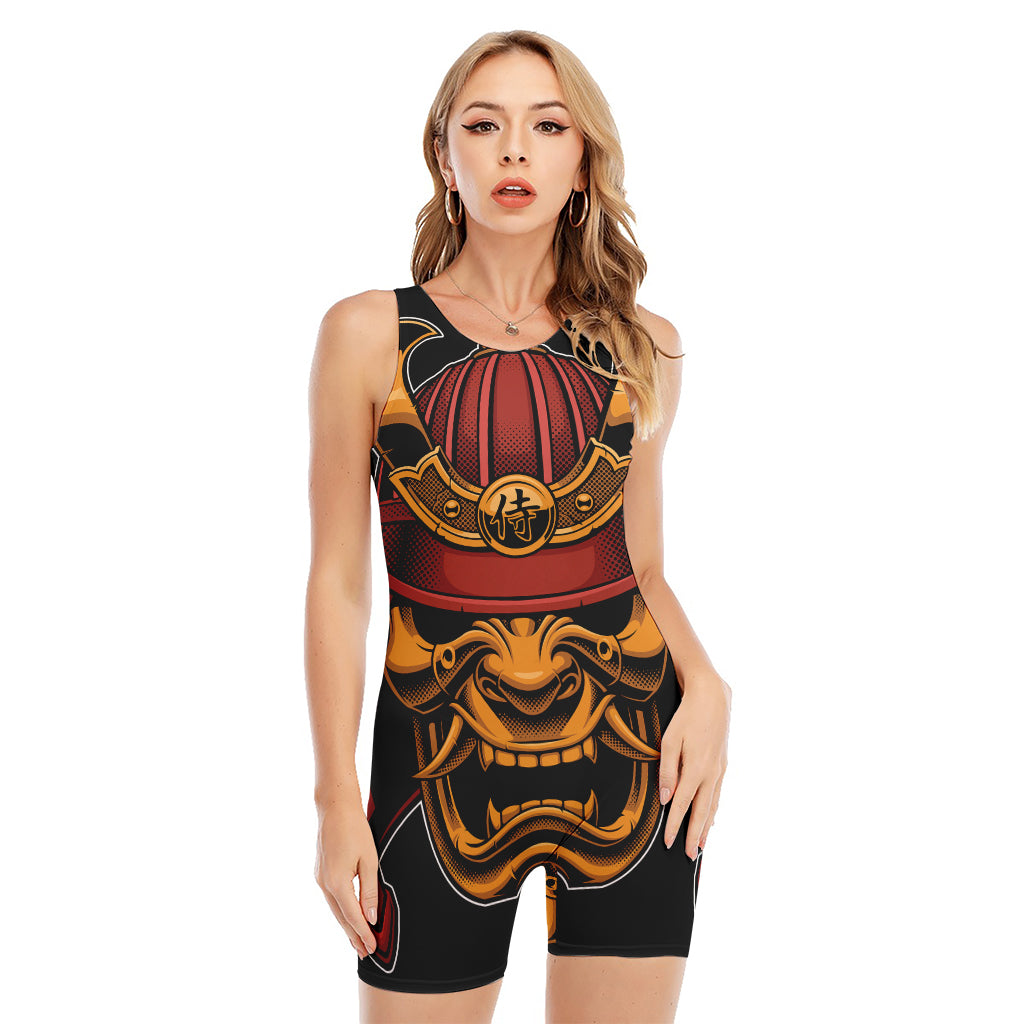 Japanese Samurai Warrior Mask Print Sleeveless One Piece Swimsuit
