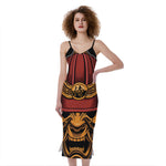 Japanese Samurai Warrior Mask Print Slim Fit Midi Cami Dress