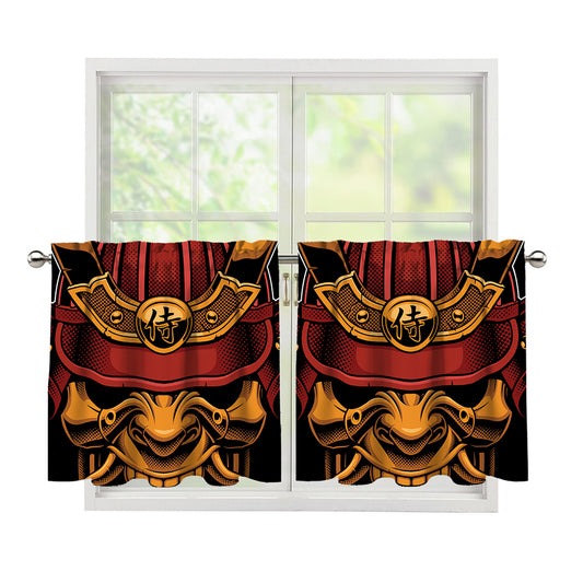 Japanese Samurai Warrior Mask Print Tier Curtains