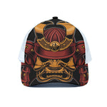 Japanese Samurai Warrior Mask Print White Mesh Trucker Cap