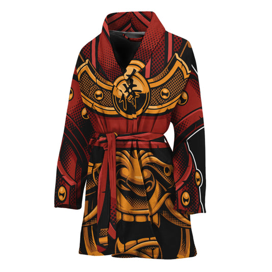 Japanese Samurai Warrior Mask Print Women's Bathrobe