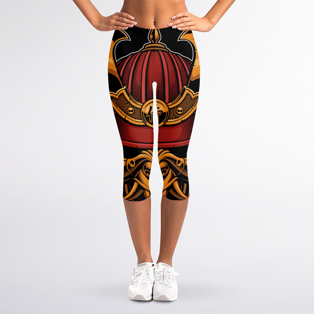 Japanese Samurai Warrior Mask Print Women's Capri Leggings