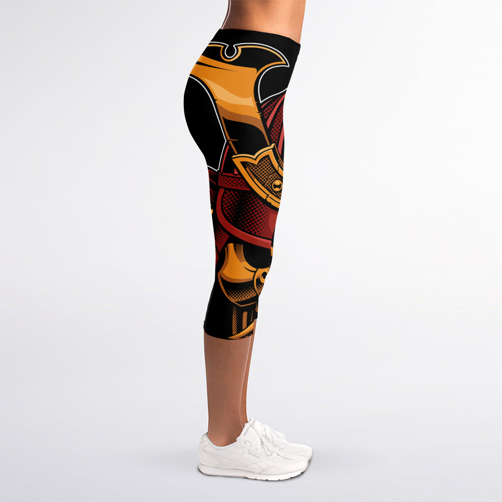 Japanese Samurai Warrior Mask Print Women's Capri Leggings