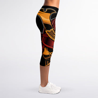 Japanese Samurai Warrior Mask Print Women's Capri Leggings