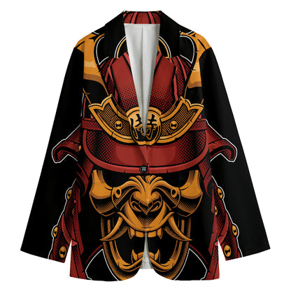 Japanese Samurai Warrior Mask Print Women's Cotton Blazer