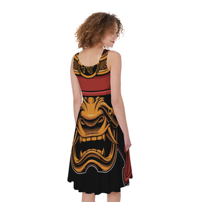 Japanese Samurai Warrior Mask Print Women's Sleeveless Dress