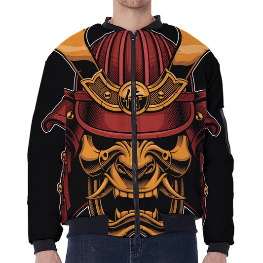 Japanese Samurai Warrior Mask Print Zip Sleeve Bomber Jacket