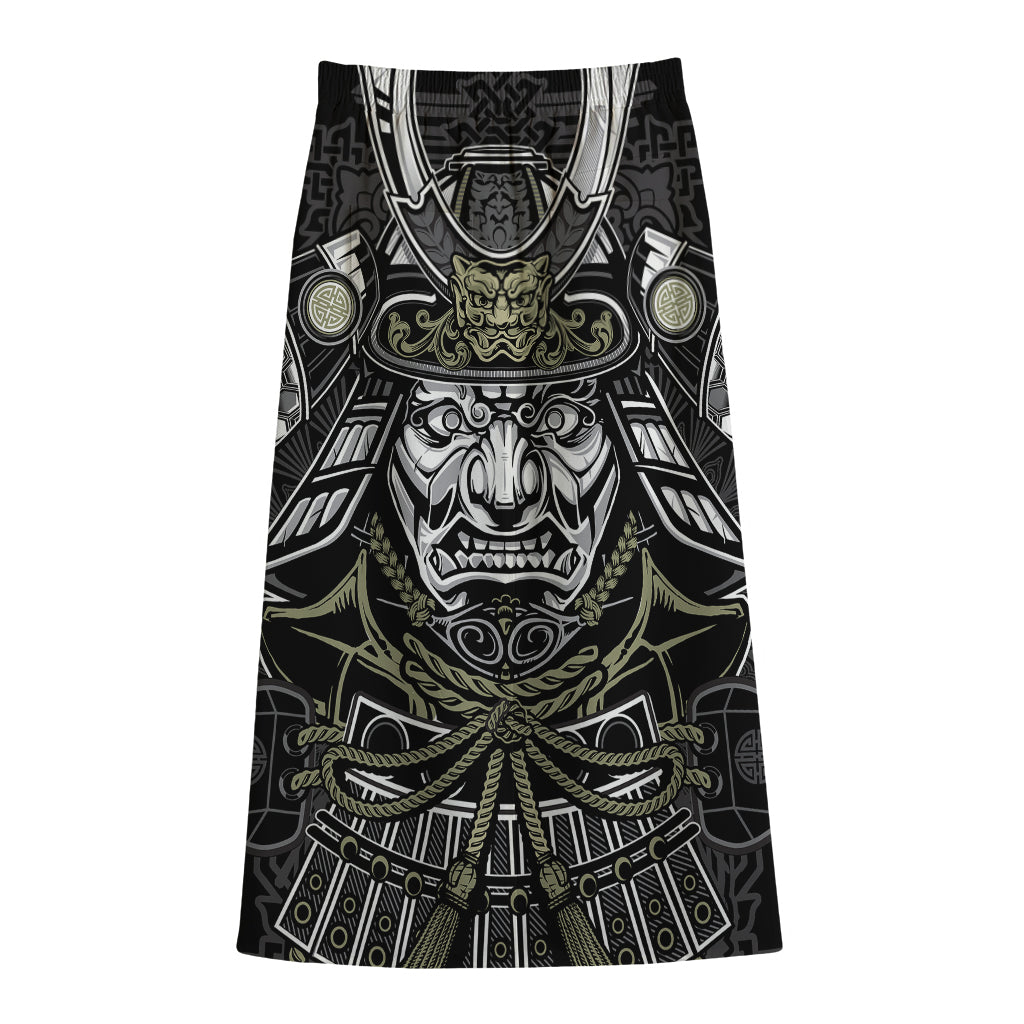 Japanese Samurai Warrior Print Cotton Front Slit Maxi Skirt