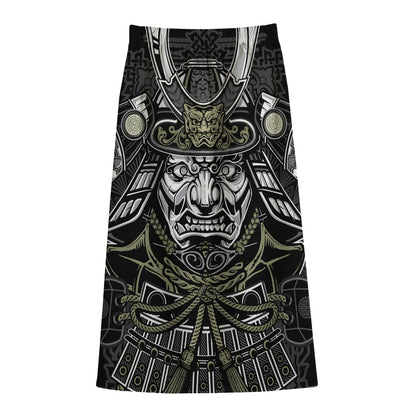 Japanese Samurai Warrior Print Cotton Front Slit Maxi Skirt