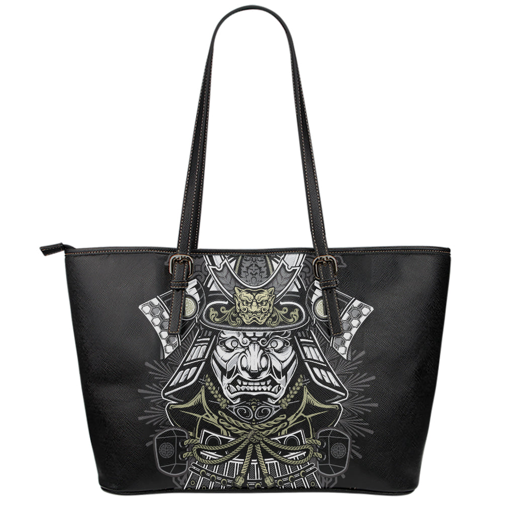 Japanese Samurai Warrior Print Leather Tote Bag