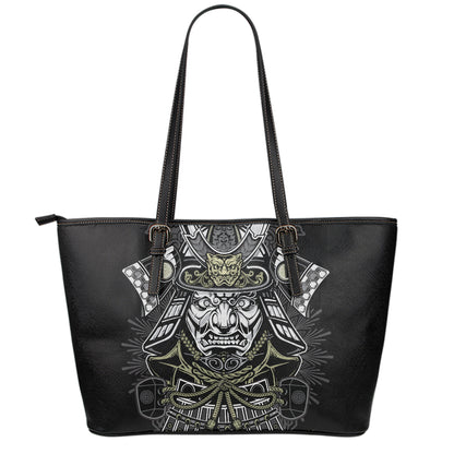 Japanese Samurai Warrior Print Leather Tote Bag