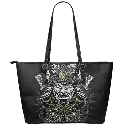 Japanese Samurai Warrior Print Leather Tote Bag
