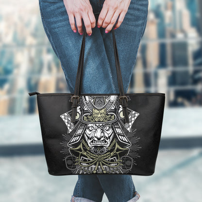 Japanese Samurai Warrior Print Leather Tote Bag