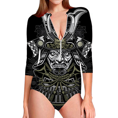 Japanese Samurai Warrior Print Long Sleeve Swimsuit