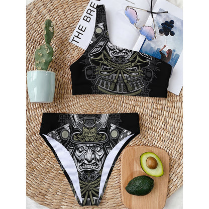 Japanese Samurai Warrior Print One Shoulder Bikini Top