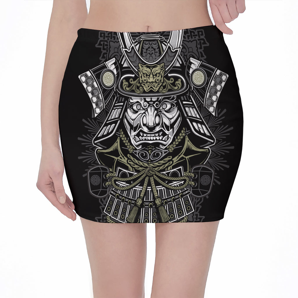 Japanese Samurai Warrior Print Pencil Mini Skirt
