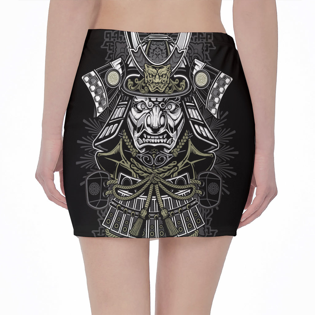 Japanese Samurai Warrior Print Pencil Mini Skirt