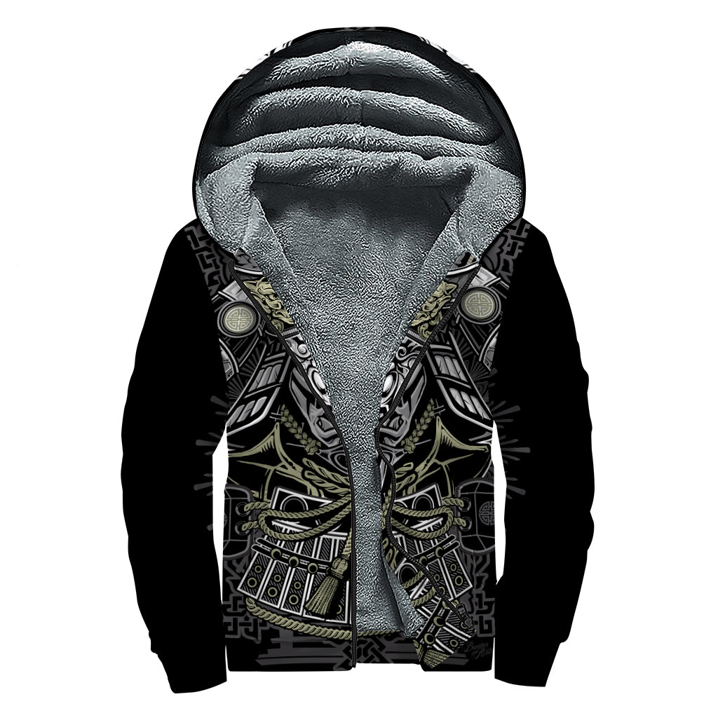 Japanese Samurai Warrior Print Sherpa Lined Zip Up Hoodie