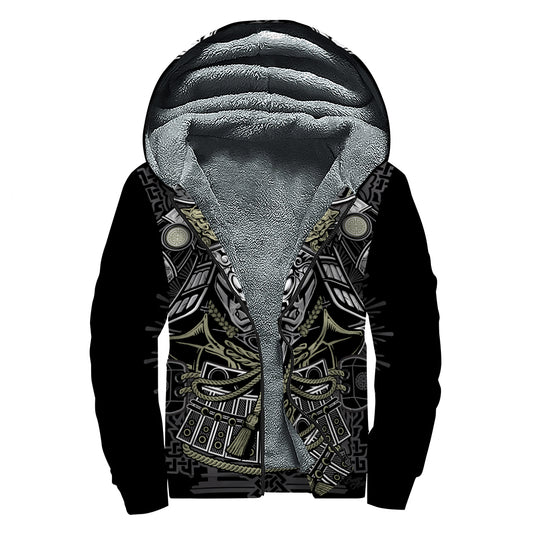 Japanese Samurai Warrior Print Sherpa Lined Zip Up Hoodie