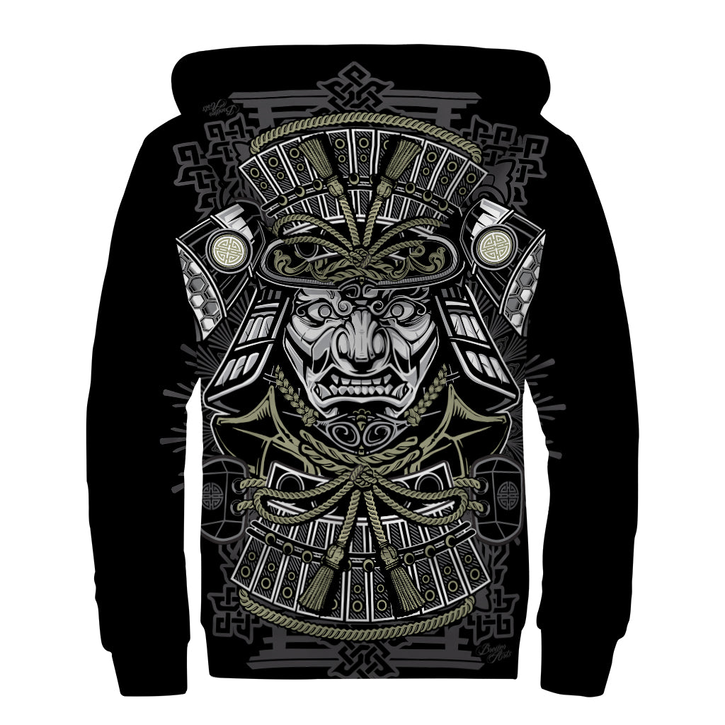 Japanese Samurai Warrior Print Sherpa Lined Zip Up Hoodie