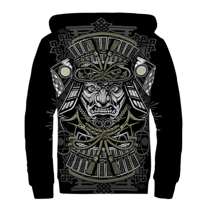 Japanese Samurai Warrior Print Sherpa Lined Zip Up Hoodie