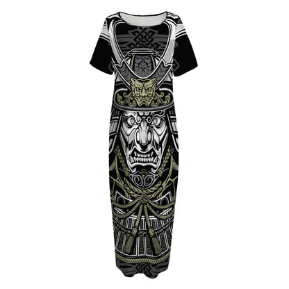Japanese Samurai Warrior Print Short Sleeve Long Nightdress