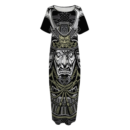 Japanese Samurai Warrior Print Short Sleeve Long Nightdress