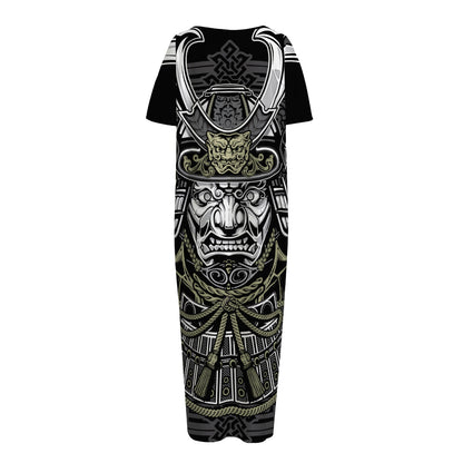 Japanese Samurai Warrior Print Short Sleeve Long Nightdress