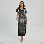 Japanese Samurai Warrior Print Short Sleeve Maxi Dress