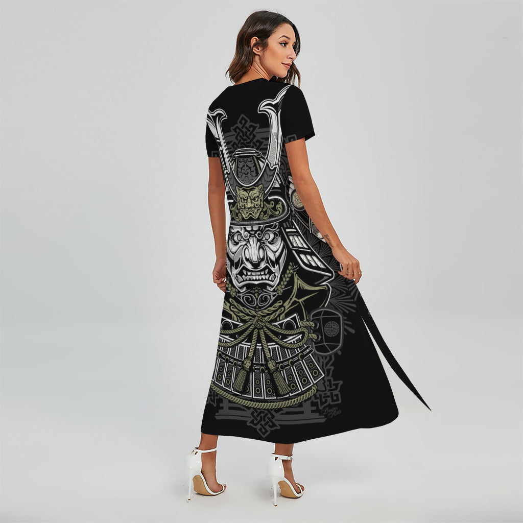 Japanese Samurai Warrior Print Short Sleeve Maxi Dress