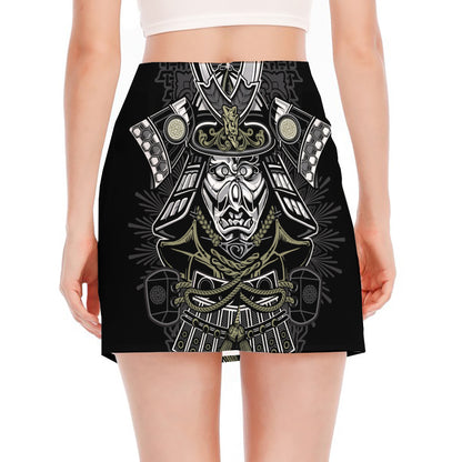 Japanese Samurai Warrior Print Side Slit Mini Skirt