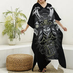 Japanese Samurai Warrior Print Silk V-Neck Kaftan Dress