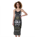 Japanese Samurai Warrior Print Slim Fit Midi Cami Dress