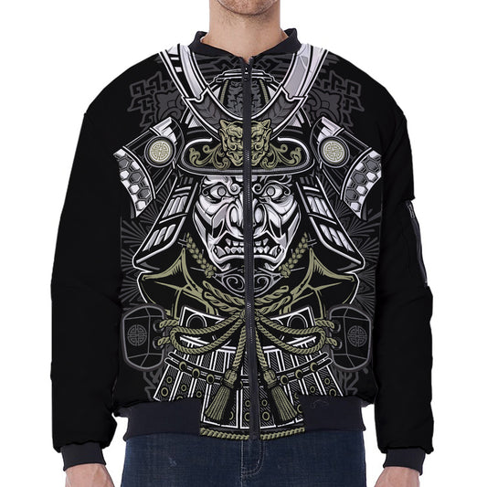 Japanese Samurai Warrior Print Zip Sleeve Bomber Jacket