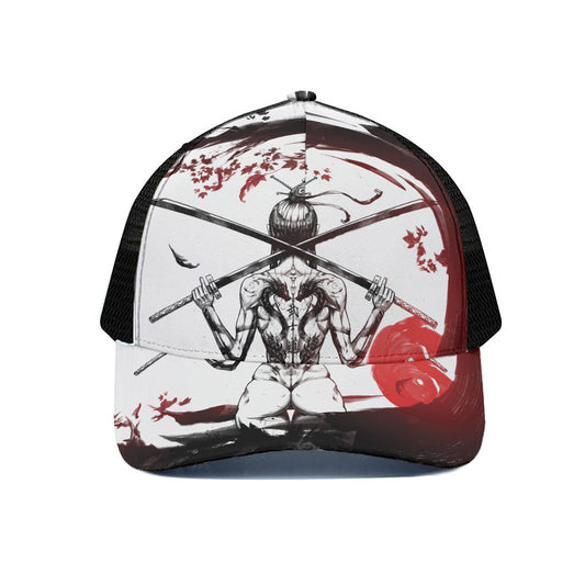 Japanese Samurai Woman Print Black Mesh Trucker Cap