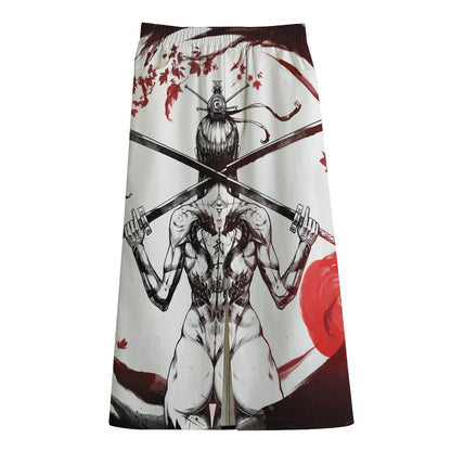 Japanese Samurai Woman Print Cotton Front Slit Maxi Skirt