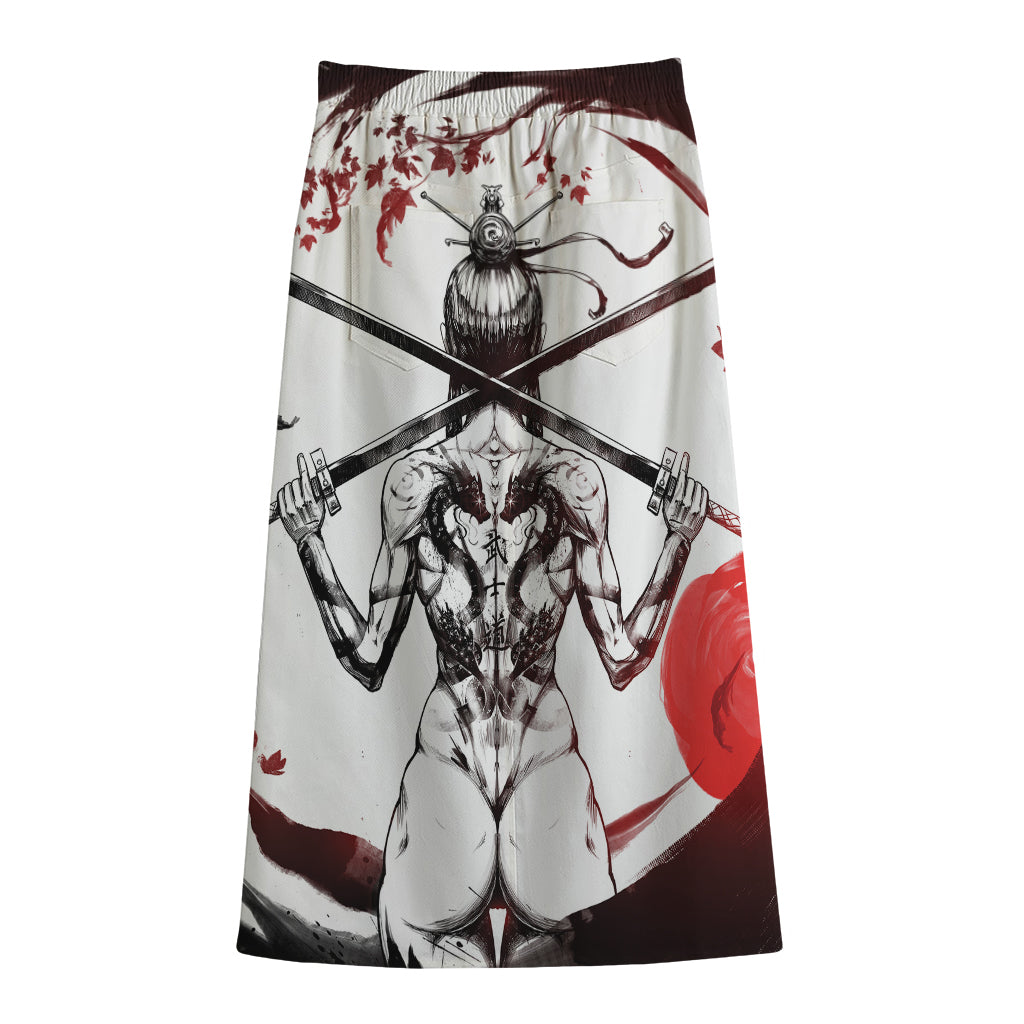 Japanese Samurai Woman Print Cotton Front Slit Maxi Skirt