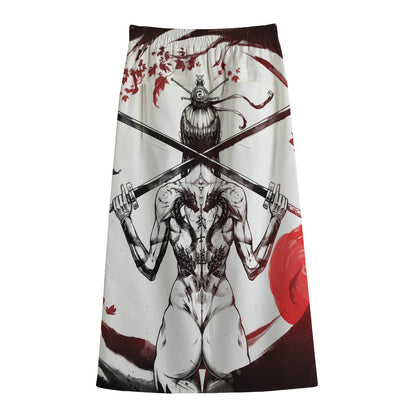 Japanese Samurai Woman Print Cotton Front Slit Maxi Skirt