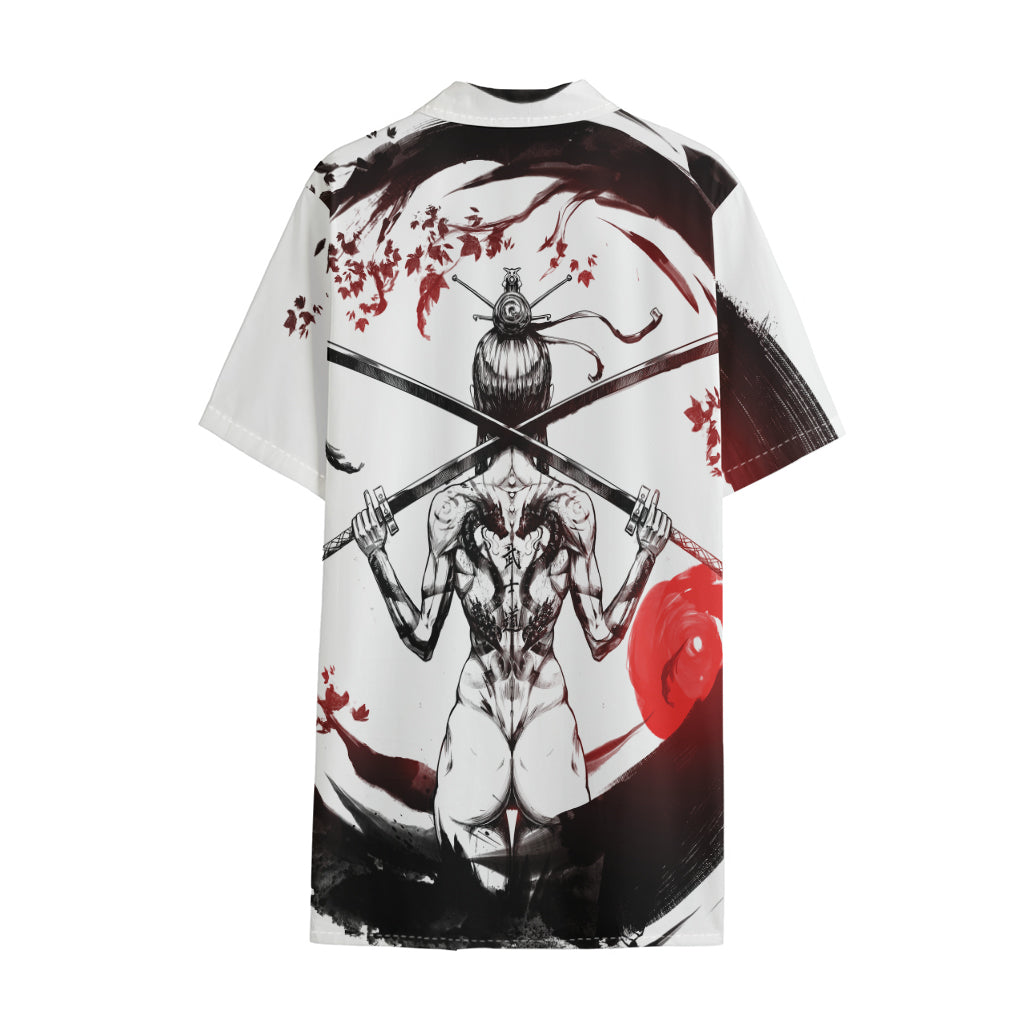 Japanese Samurai Woman Print Cotton Hawaiian Shirt