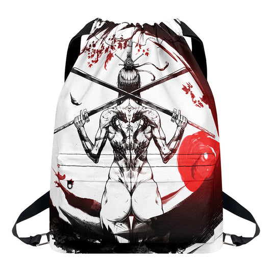 Japanese Samurai Woman Print Drawstring Backpack