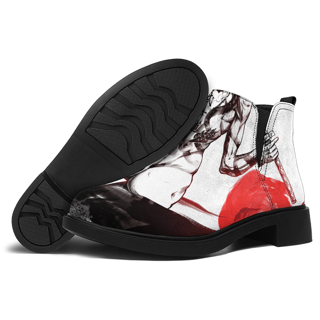 Japanese Samurai Woman Print Flat Ankle Boots