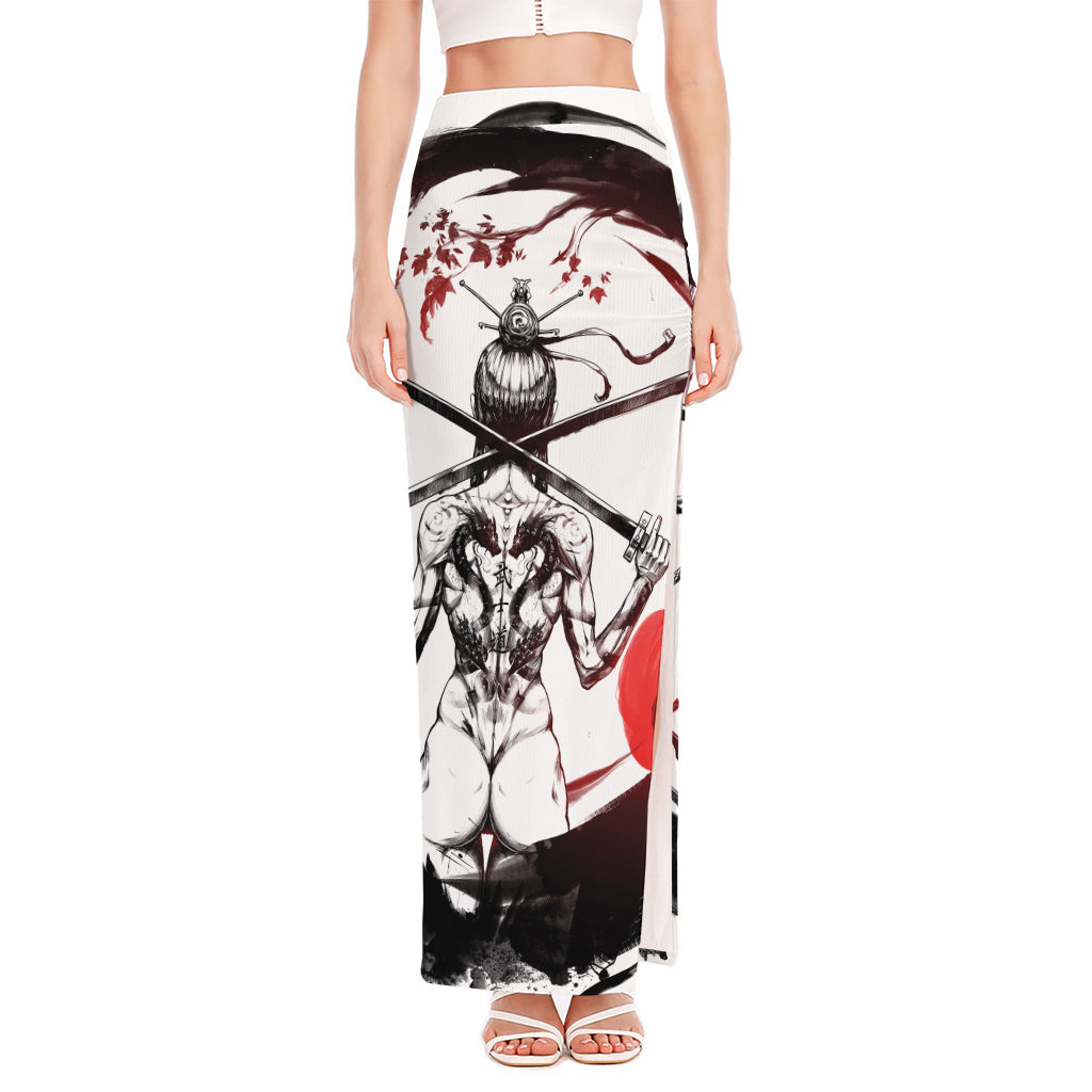 Japanese Samurai Woman Print High Slit Maxi Skirt