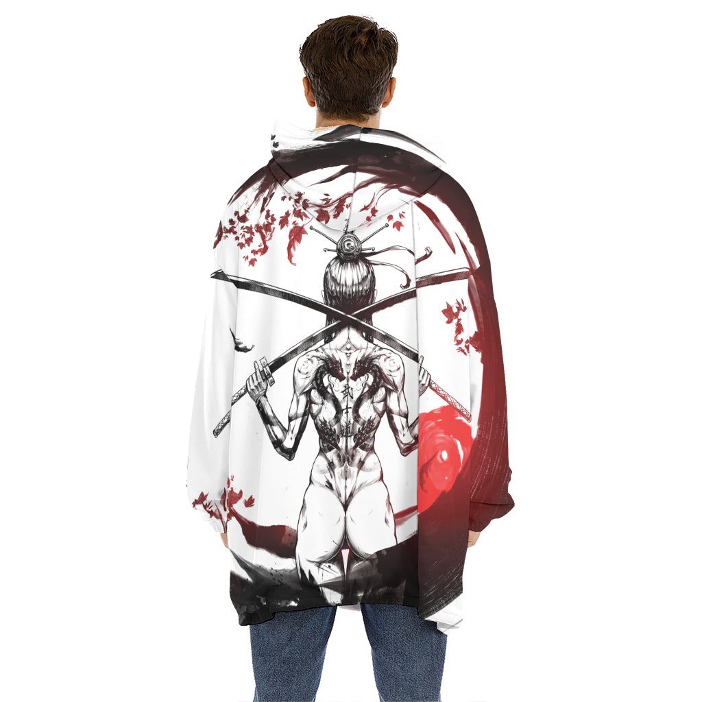 Japanese Samurai Woman Print Hoodie Blanket