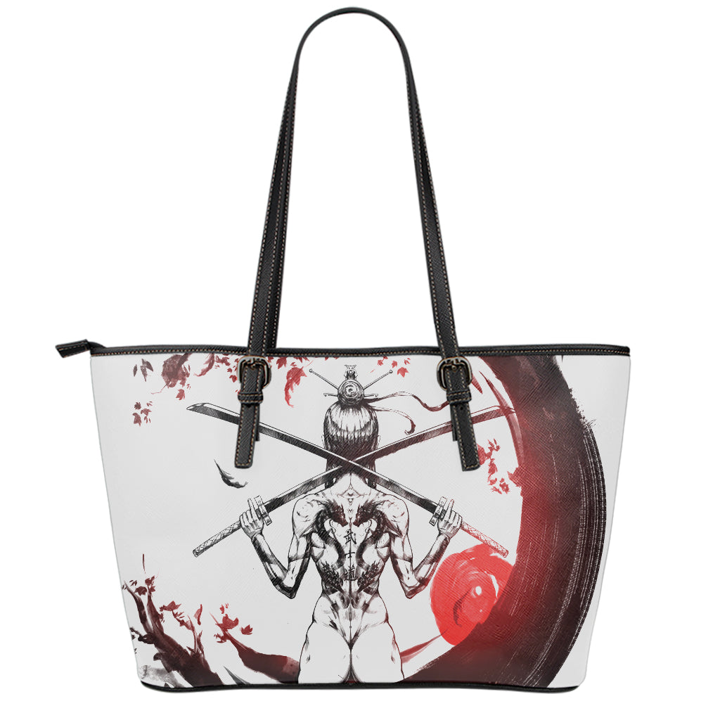 Japanese Samurai Woman Print Leather Tote Bag