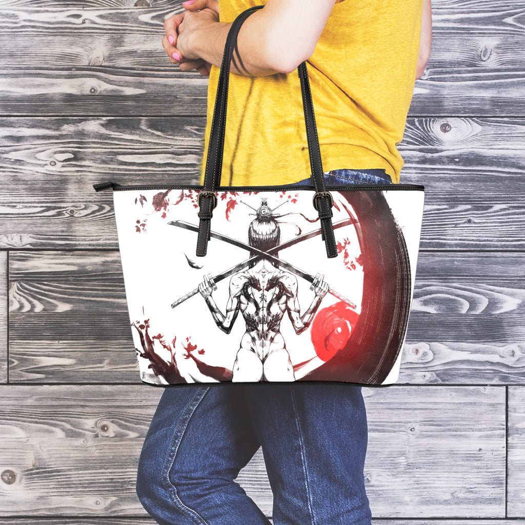 Japanese Samurai Woman Print Leather Tote Bag